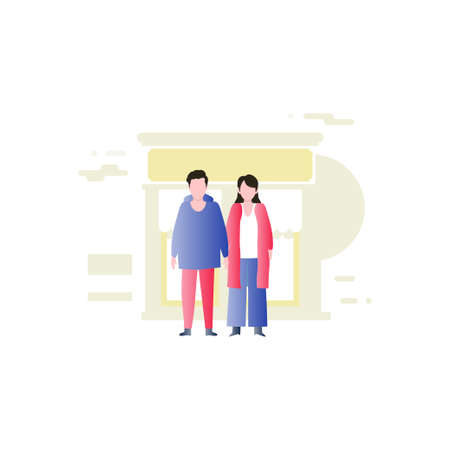 The boy and girl are standing outside a restaurant.のイラスト素材