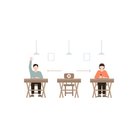The students are sitting on their desks by safe distance.のイラスト素材