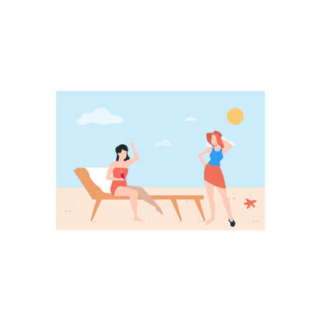 The girl is sitting on deck chair and enjoying on beach.のイラスト素材