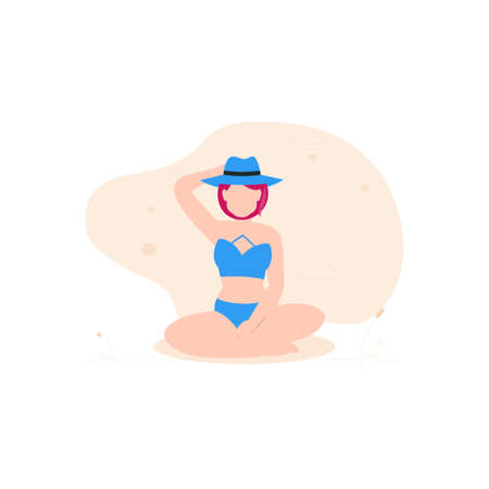 The girl is sitting on beach and wearing bikini hat.のイラスト素材