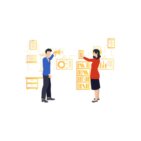 The male and female staff are discussing about marketing.のイラスト素材