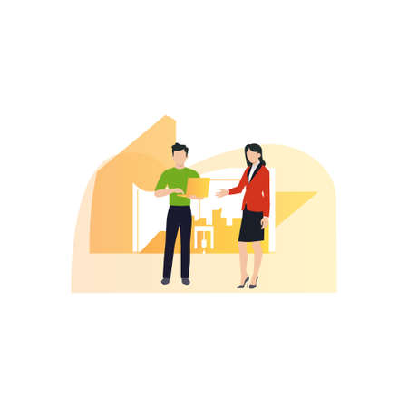 The male and female staff talking to each other.のイラスト素材