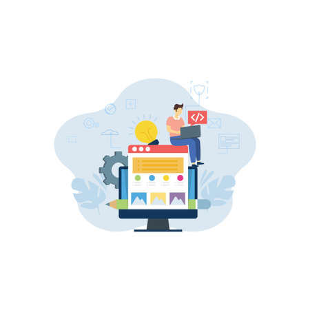 The boy is working on his laptop.のイラスト素材