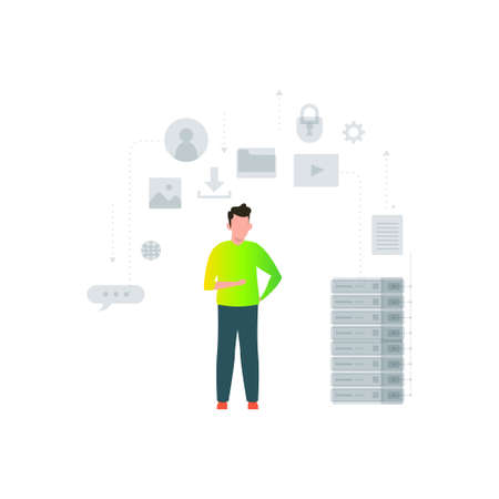 The boy is working on data servers and other web services.のイラスト素材
