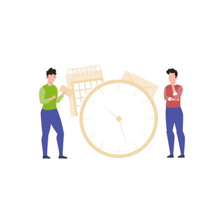 The boys are standing by the time clock.のイラスト素材