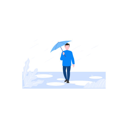 A boy is walking in the rain with an umbrella.のイラスト素材