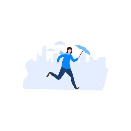 A boy with an umbrella is running because of the heavy rain.のイラスト素材