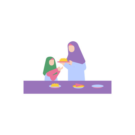 Mother and daughter are preparing iftar meal.のイラスト素材