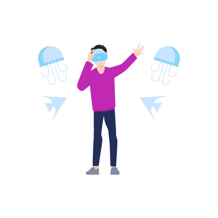 The boy is watching the fish underwater through the vr device.のイラスト素材