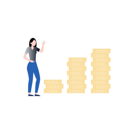 The girl is standing by the dollar coins.のイラスト素材