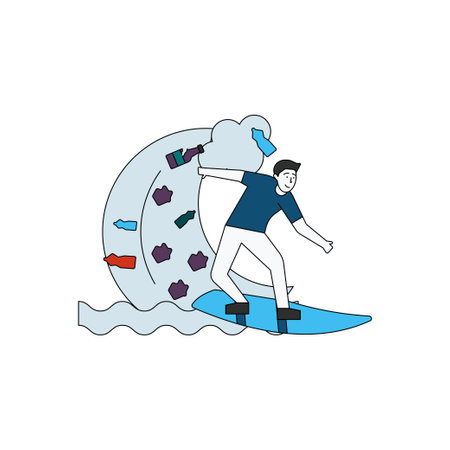 The boy is surfing in the dirty sea.のイラスト素材