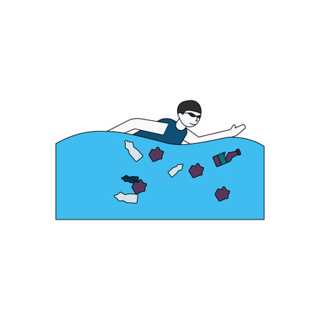 The boy is diving into a dirty river.のイラスト素材