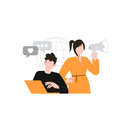 Man and woman using laptop and megaphone. Vector illustration in flat styleのイラスト素材
