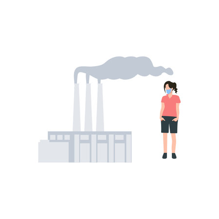 Woman standing near factory, pollution concept vector Illustration isolated on a white background.のイラスト素材