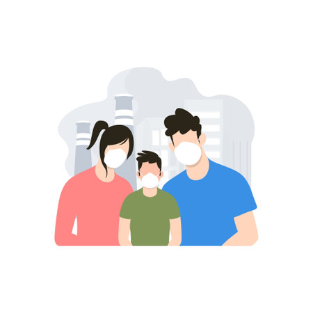 The family wears masks to protect themselves from air pollution.のイラスト素材