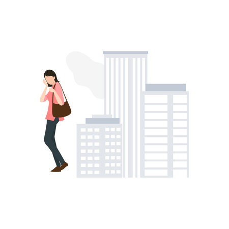 Young man walking and talking on the phone in the city vector Illustrationのイラスト素材