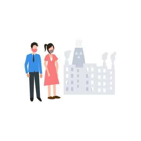 Couple in medical masks on the background of the city. Vector illustration.のイラスト素材