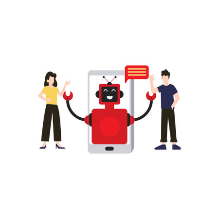 Boy and girl chatting with robot on mobile.のイラスト素材