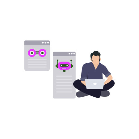 Man with laptop and chat bot. Vector illustration in flat style.のイラスト素材