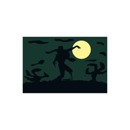Silhouette of a man with a backpack on a background of the moon. Vector illustrationのイラスト素材