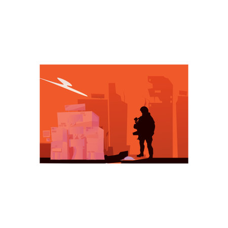 A soldier stands near the building.のイラスト素材