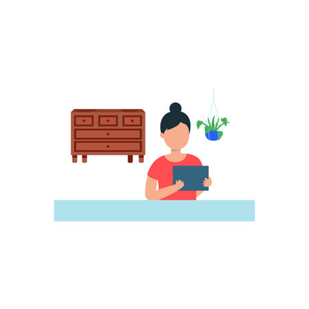 Woman sitting at the table with a tablet. Flat style vector illustration.のイラスト素材