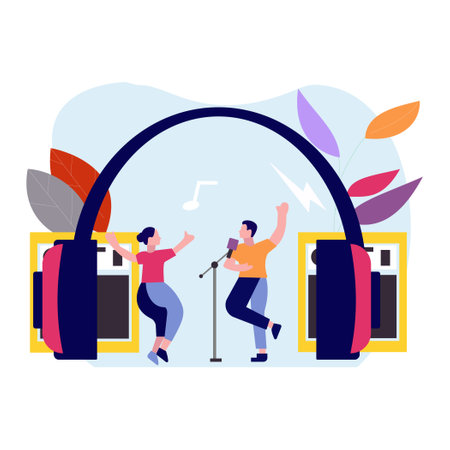 Podcast concept vector illustration. Cartoon flat people in headphones singing, dancing and having fun in the studio.のイラスト素材