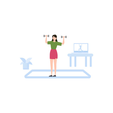 Woman doing exercises with dumbbells. Flat style vector illustration.のイラスト素材
