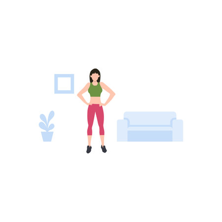 Woman doing fitness exercises at home. Vector illustration in flat style.のイラスト素材