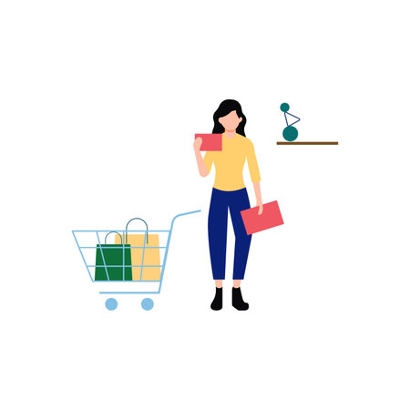 Woman with shopping cart and credit card. Vector illustration in flat style.のイラスト素材