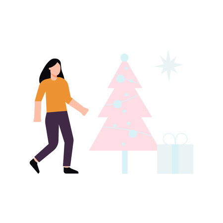 Girl standing with Christmas tree and gift.のイラスト素材