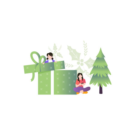 Girl opens Christmas presents.のイラスト素材