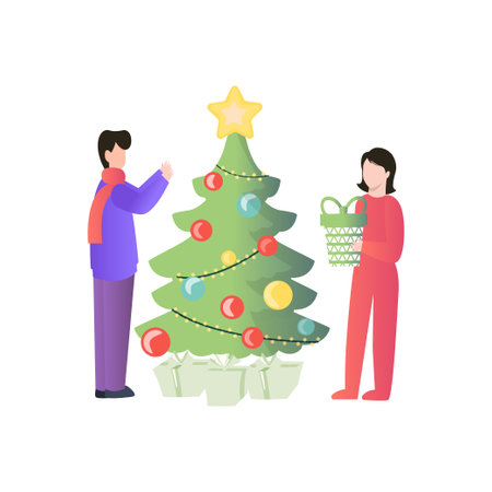 A boy and a girl are decorating a Christmas tree.のイラスト素材