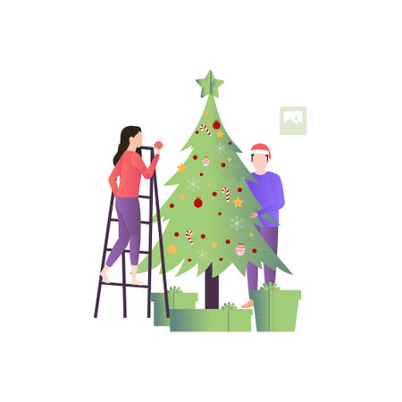 A boy and a girl are decorating a Christmas tree.のイラスト素材