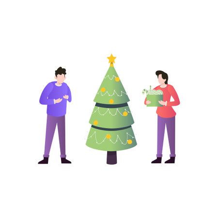 A boy and a girl are standing by a Christmas tree.のイラスト素材