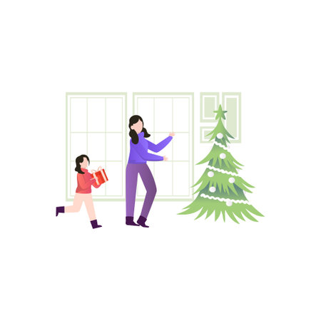 Girl and baby are going to put presents near Christmas tree.のイラスト素材