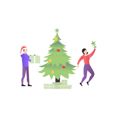 The boy puts presents near the Christmas tree.のイラスト素材