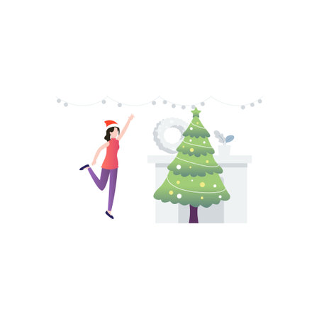 The girl is standing near the Christmas tree.のイラスト素材