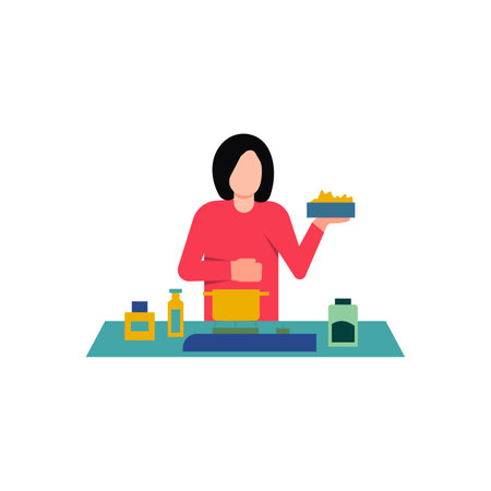 Woman holding tray with food, flat vector illustration isolated on white background.のイラスト素材