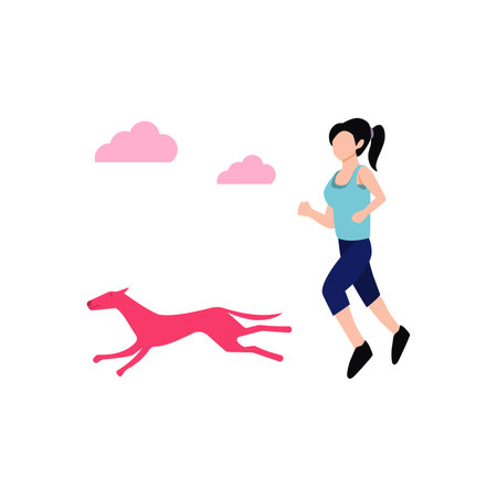 Running woman with dog vector Illustration isolated on a white background.のイラスト素材