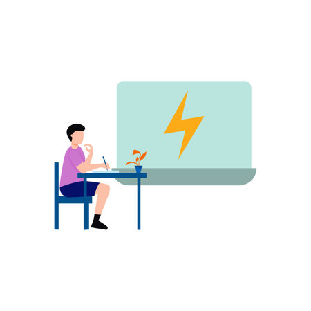 Man sitting at desk in front of computer with lightning. Flat vector illustration.のイラスト素材