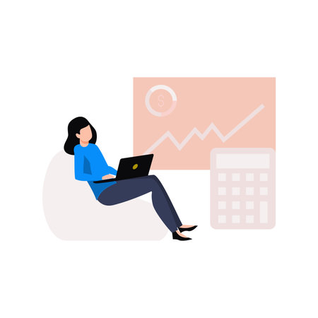Girl working on finance on laptop.のイラスト素材