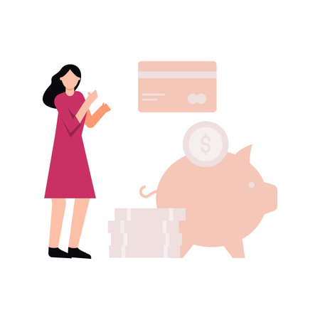 Girl saving money in piggy bank.のイラスト素材