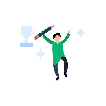 Businessman holding a pencil and trophy. Success concept. Flat style vector illustration.のイラスト素材