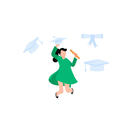 Graduate girl in a green dress with a hat and diploma in her hands. Vector illustration.のイラスト素材