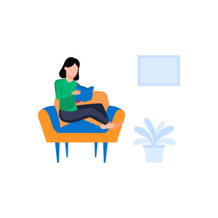 The girl is reading a book on the sofa.のイラスト素材