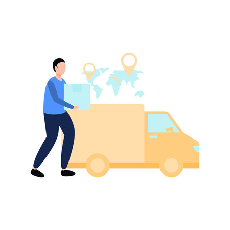 A boy stands next to a delivery truck with a parcel in hand.のイラスト素材