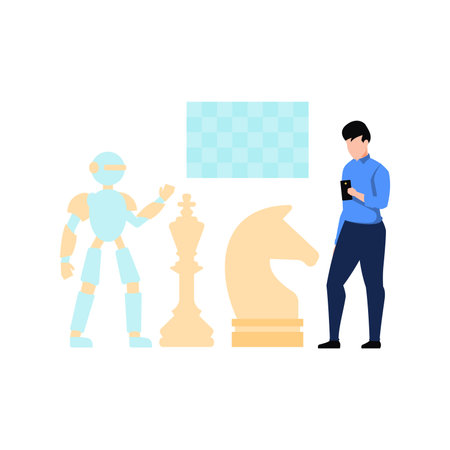 A boy is playing chess with a robot.のイラスト素材