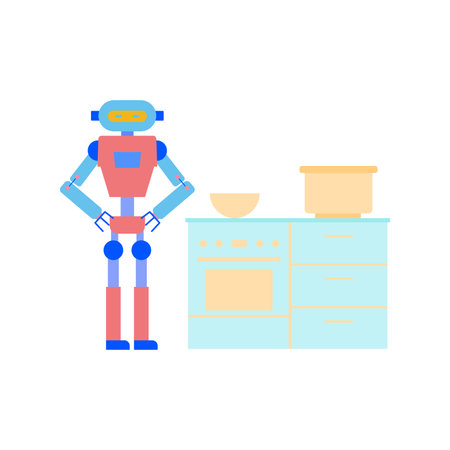 The robot is standing in the kitchen.のイラスト素材