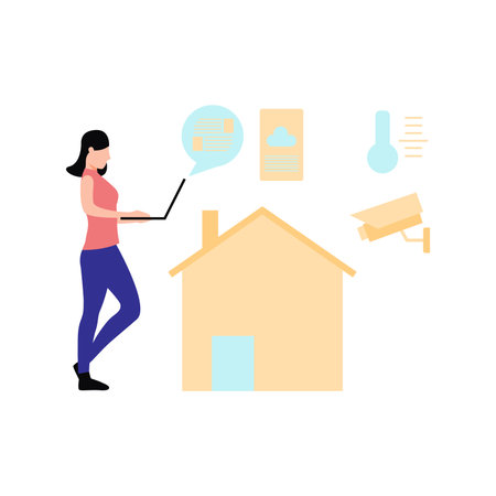 The girl is monitoring the house through futuristic technology.のイラスト素材